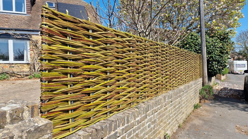 Handwoven willow screen built in-situ for front garden privacy