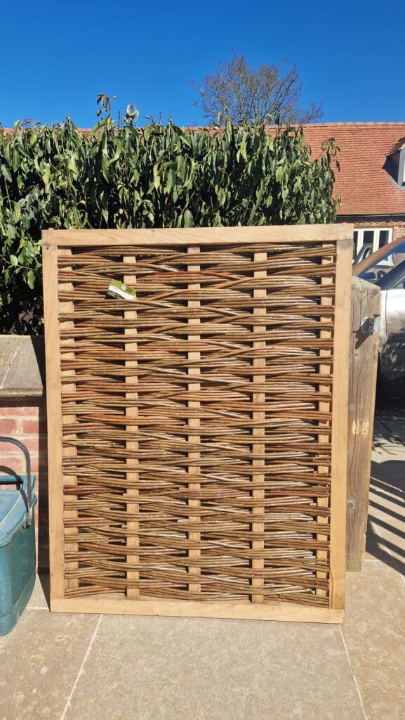 bespoke woven willow wattle gate, framed in sweet chestnut
